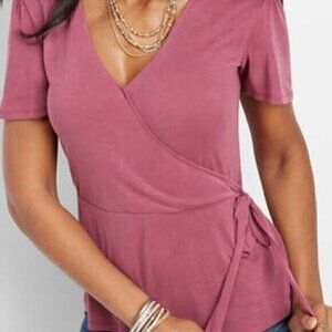 MAURICES 24/7 Wrap Front Top Berry Mauve Pink ish Surplice Short Sleeve Peplum L